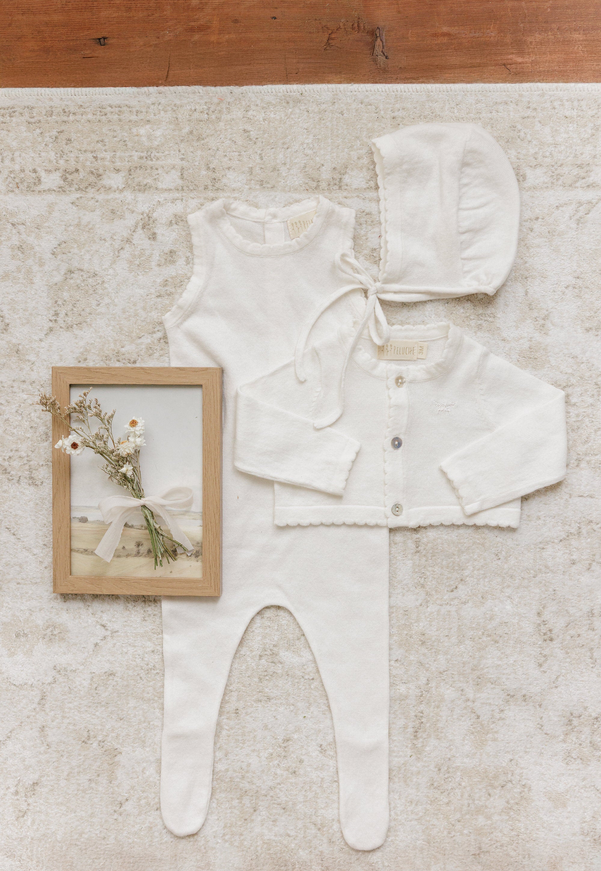 Knit Jumpsuit + Cropped Cardigan + Bonnet Set - Cream