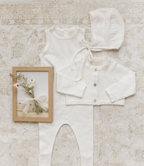 Knit Jumpsuit + Cropped Cardigan + Bonnet Set - Cream