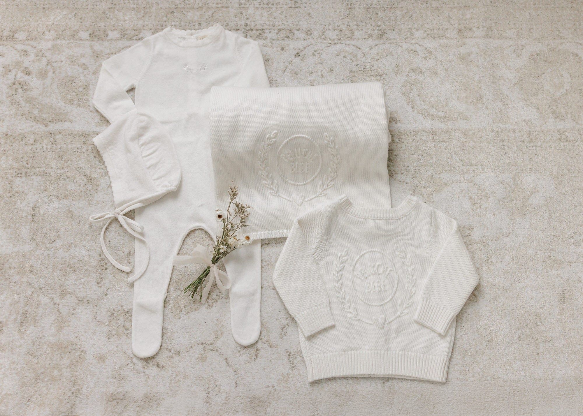 Embossed Reversible Cardigan + Beanie Set - Cream