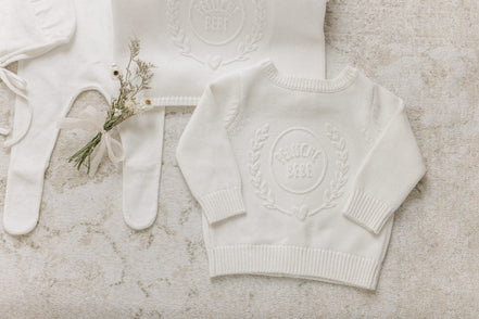 Embossed Reversible Cardigan + Beanie Set - Cream
