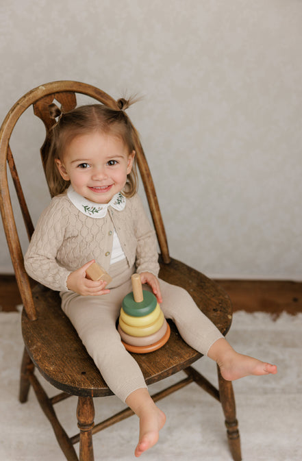 Knit Pointelle Cropped Cardigan + Bonnet Set - Taupe