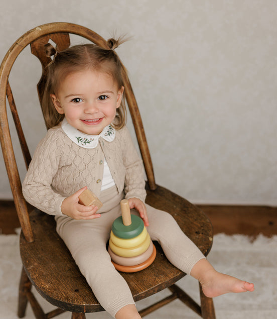 Knit Pointelle Cropped Cardigan + Bonnet Set - Taupe