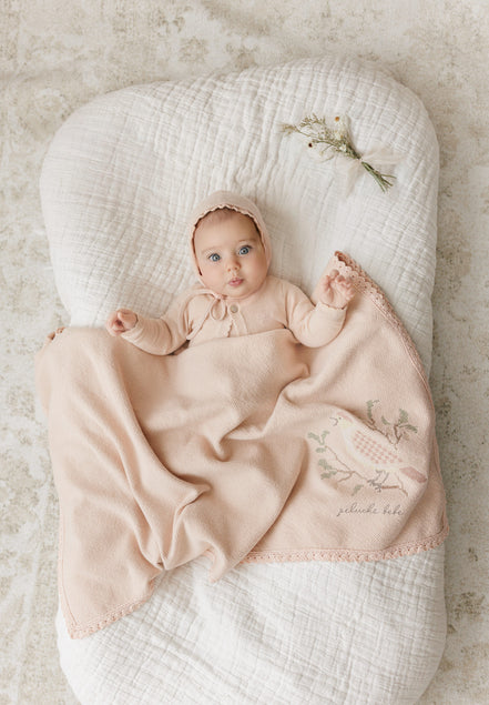 Knit Cross Stitch Blanket and Bonnet - Rose