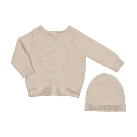 Embossed Reversible Cardigan + Beanie Set - Stone