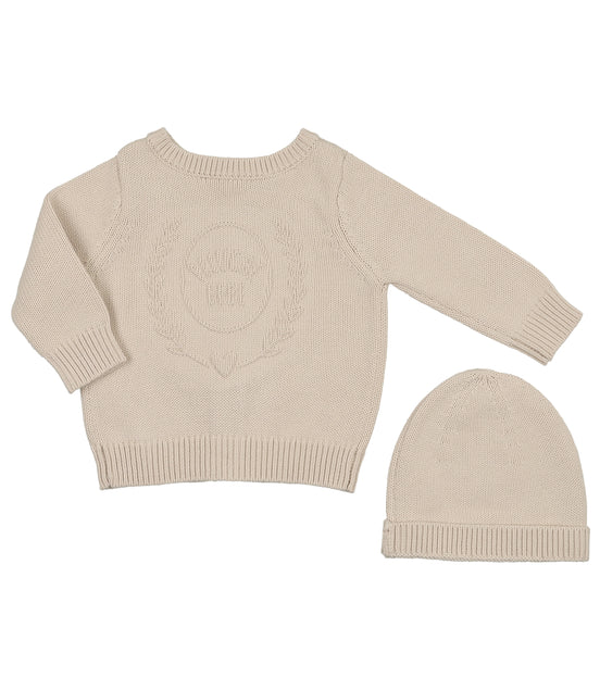 Embossed Reversible Cardigan + Beanie Set - Stone
