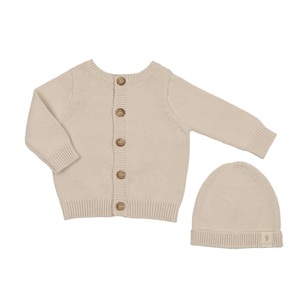 Embossed Reversible Cardigan + Beanie Set - Stone
