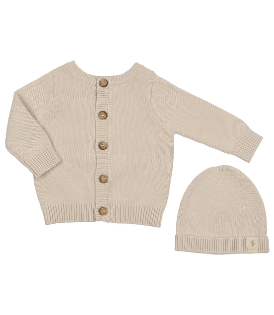 Embossed Reversible Cardigan + Beanie Set - Stone