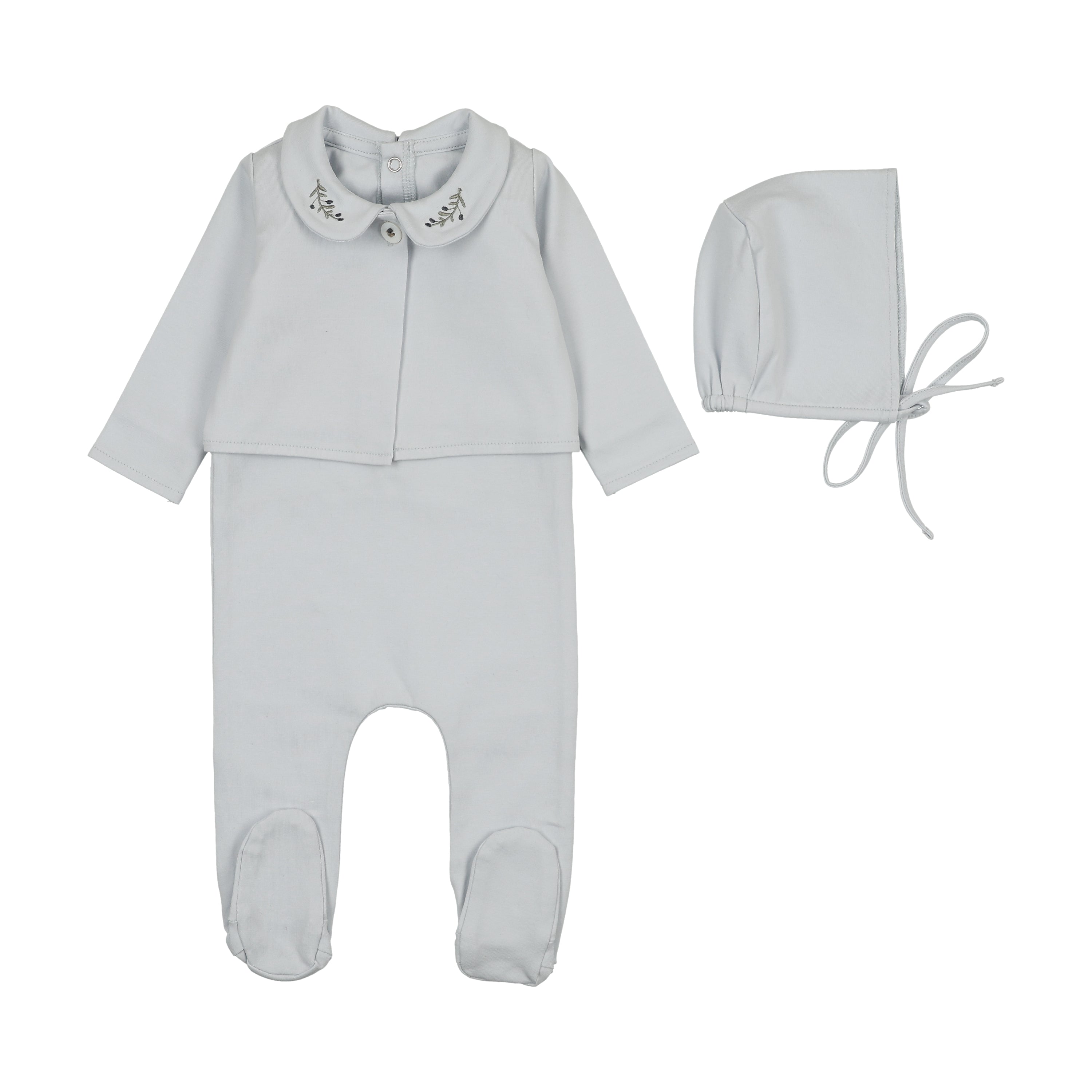Footie with Emb Collar + Cardigan + Bonnet - Blue/Blueberry
