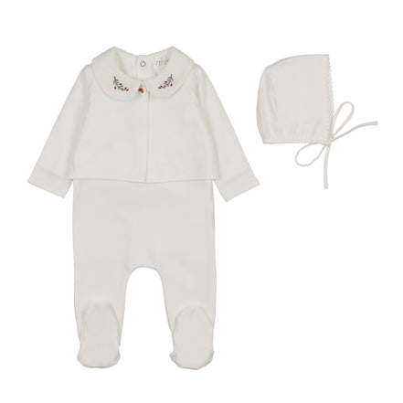 Footie with Emb Collar + Cardigan + Bonnet - Cream/Berry