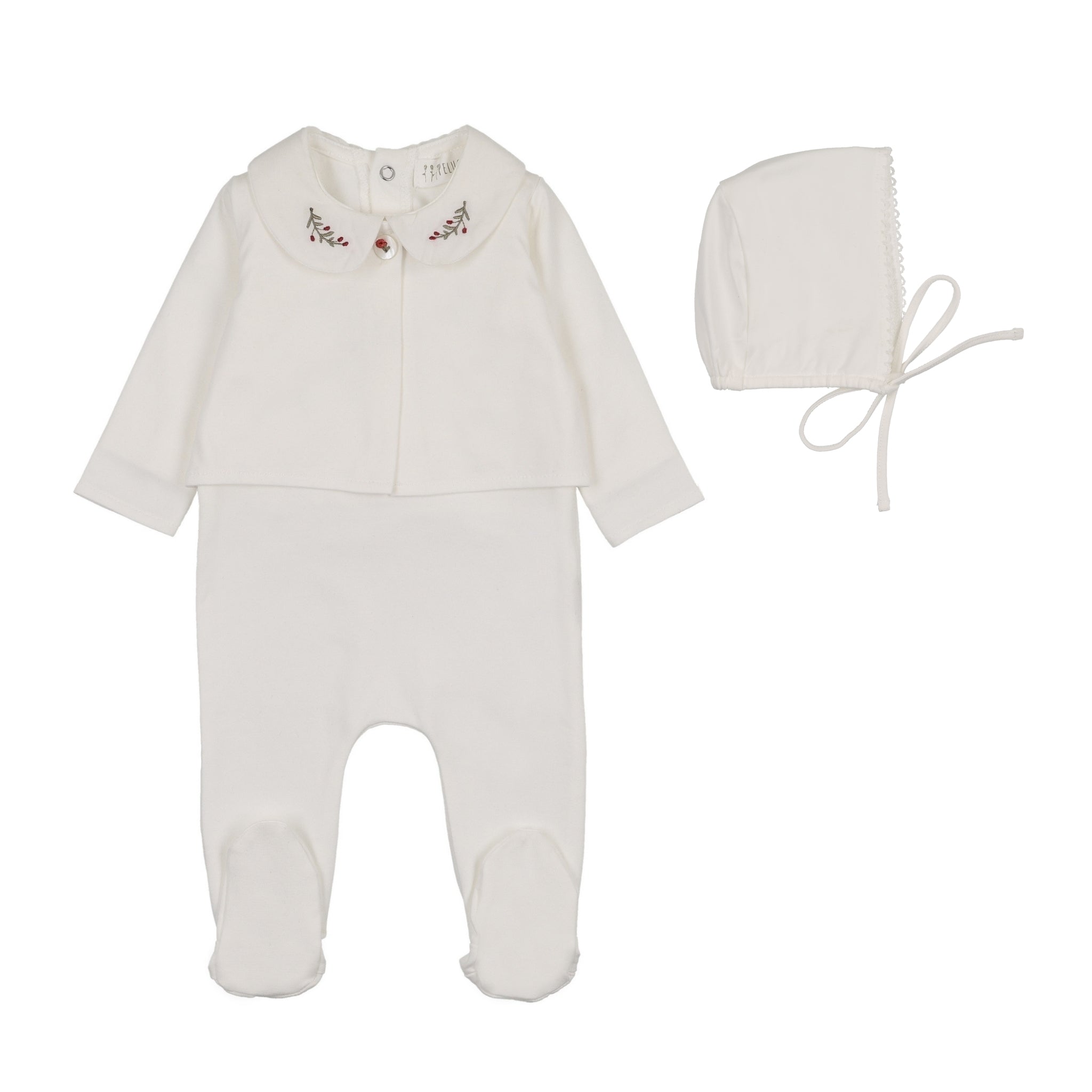 Footie with Emb Collar + Cardigan + Bonnet - Cream/Berry
