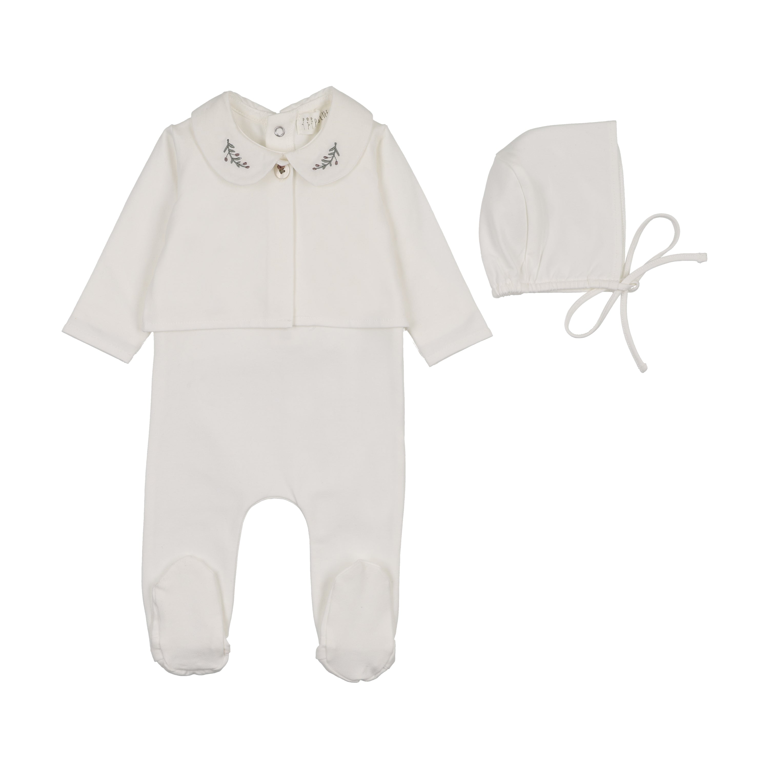 Footie with Emb Collar + Cardigan + Bonnet - Cream/Olive