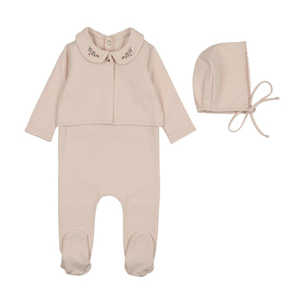 Footie with Emb Collar + Cardigan + Bonnet - Pink/Berry