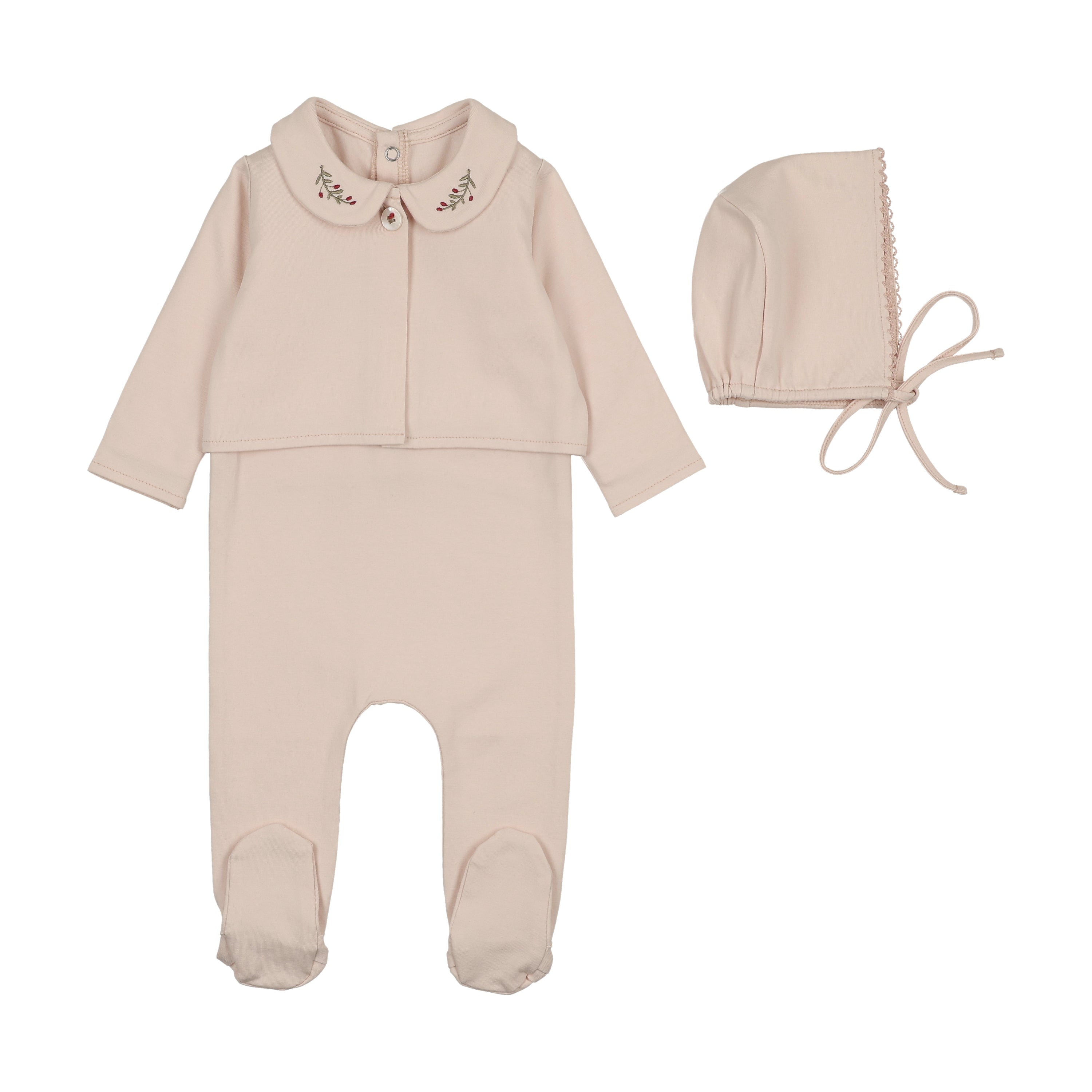 Footie with Emb Collar + Cardigan + Bonnet - Pink/Berry