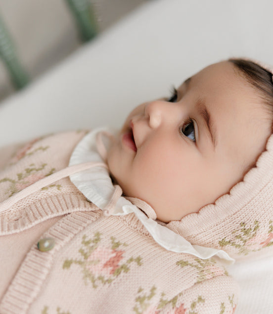 Floral Intarsia Knit Bonnet - Rose