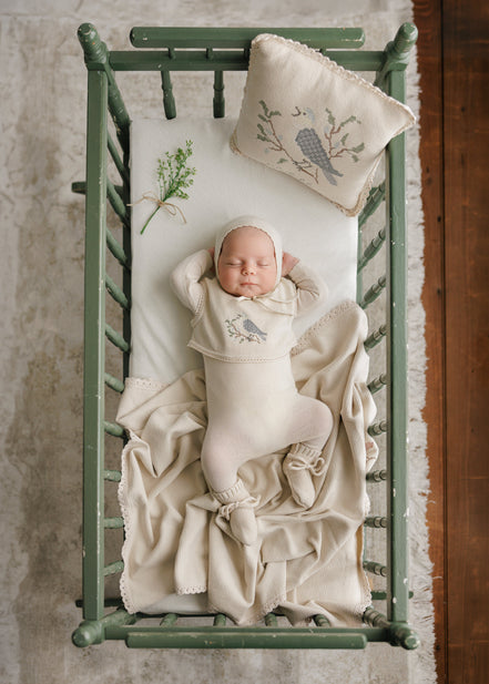 Cross Stitch Knit Overlay Bib - Stone Blue