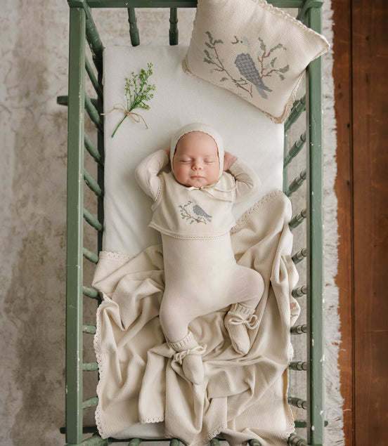 Cross Stitch Knit Overlay Bib - Stone Blue