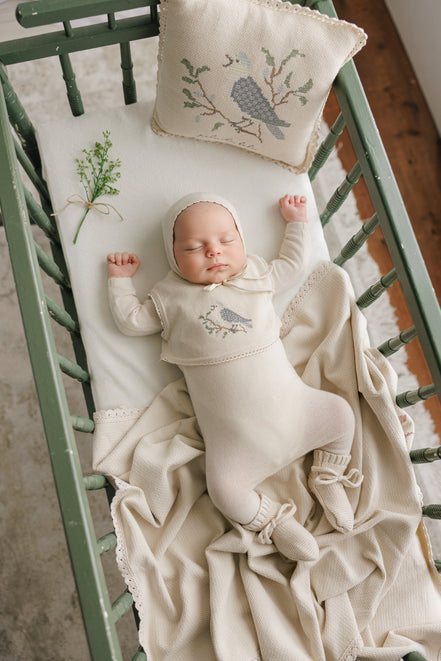 Cross Stitch Knit Overlay Bib - Stone Blue