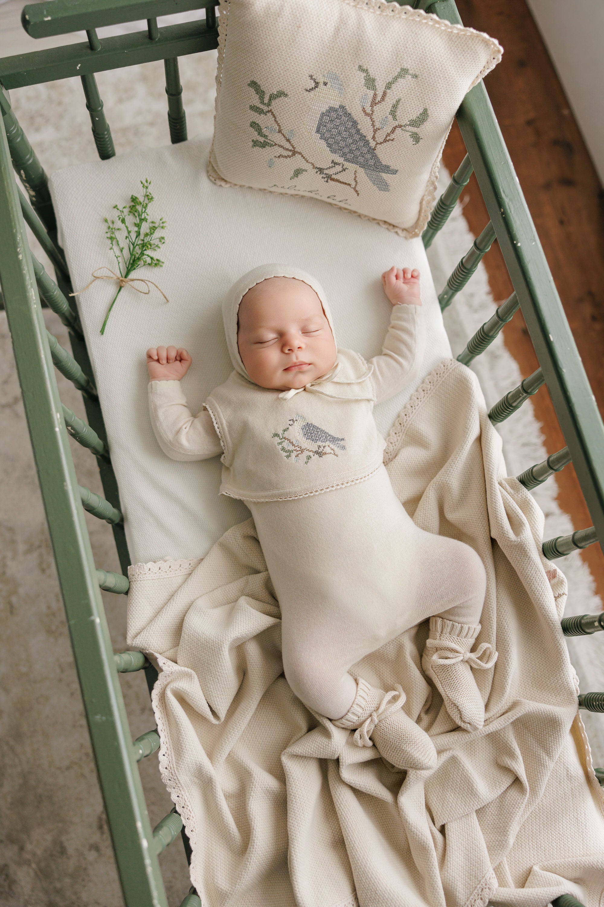 Cross Stitch Knit Overlay Bib - Stone Blue
