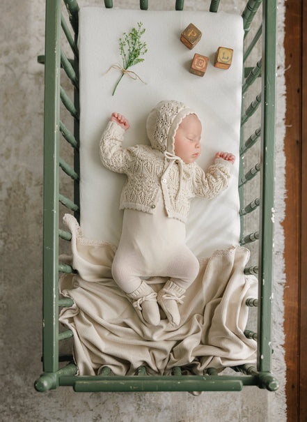 Eyelet Knit Cropped Cardigan + Bonnet Set - Stone