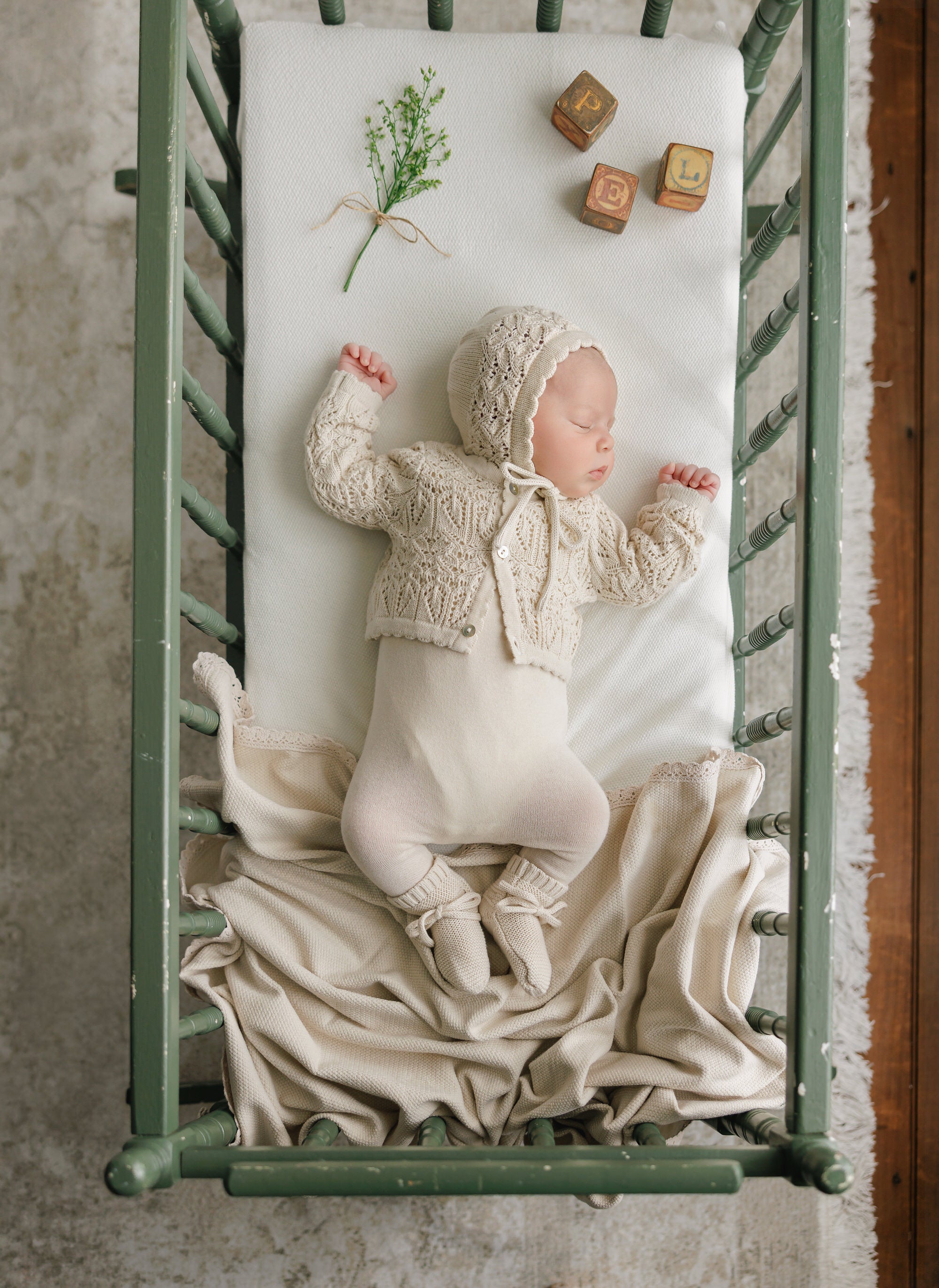 Eyelet Knit Cropped Cardigan + Bonnet Set - Stone