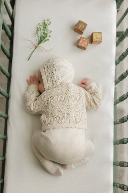Eyelet Knit Cropped Cardigan + Bonnet Set - Stone