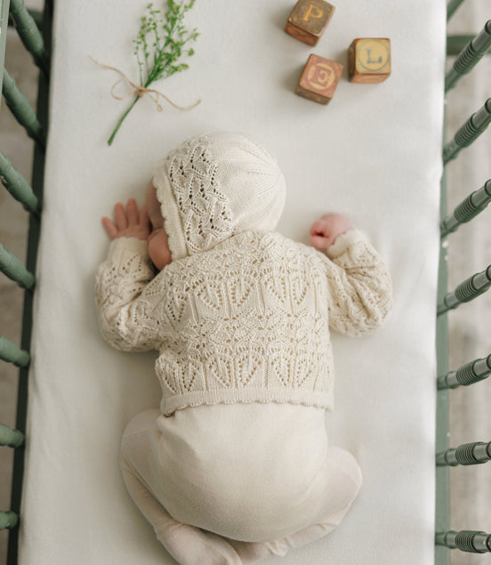 Eyelet Knit Cropped Cardigan + Bonnet Set - Stone