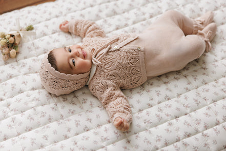 Eyelet Knit Cropped Cardigan + Bonnet Set - Rose