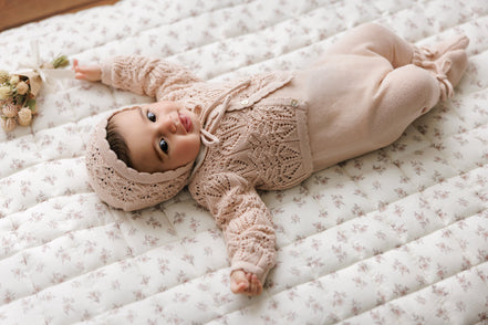 Eyelet Knit Cropped Cardigan + Bonnet Set - Rose