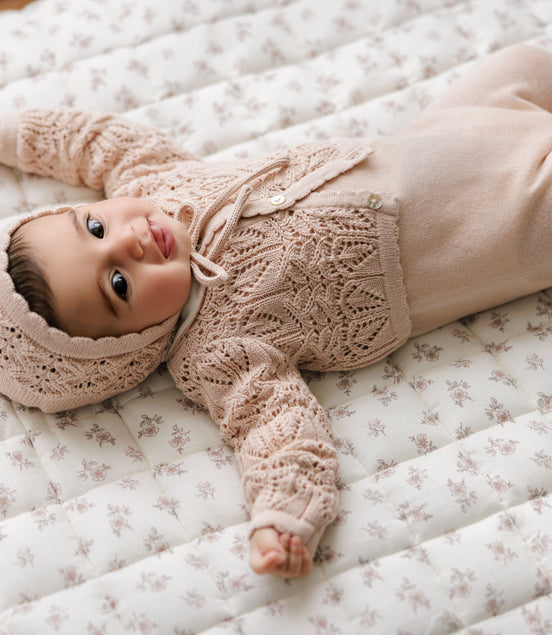 Eyelet Knit Cropped Cardigan + Bonnet Set - Rose