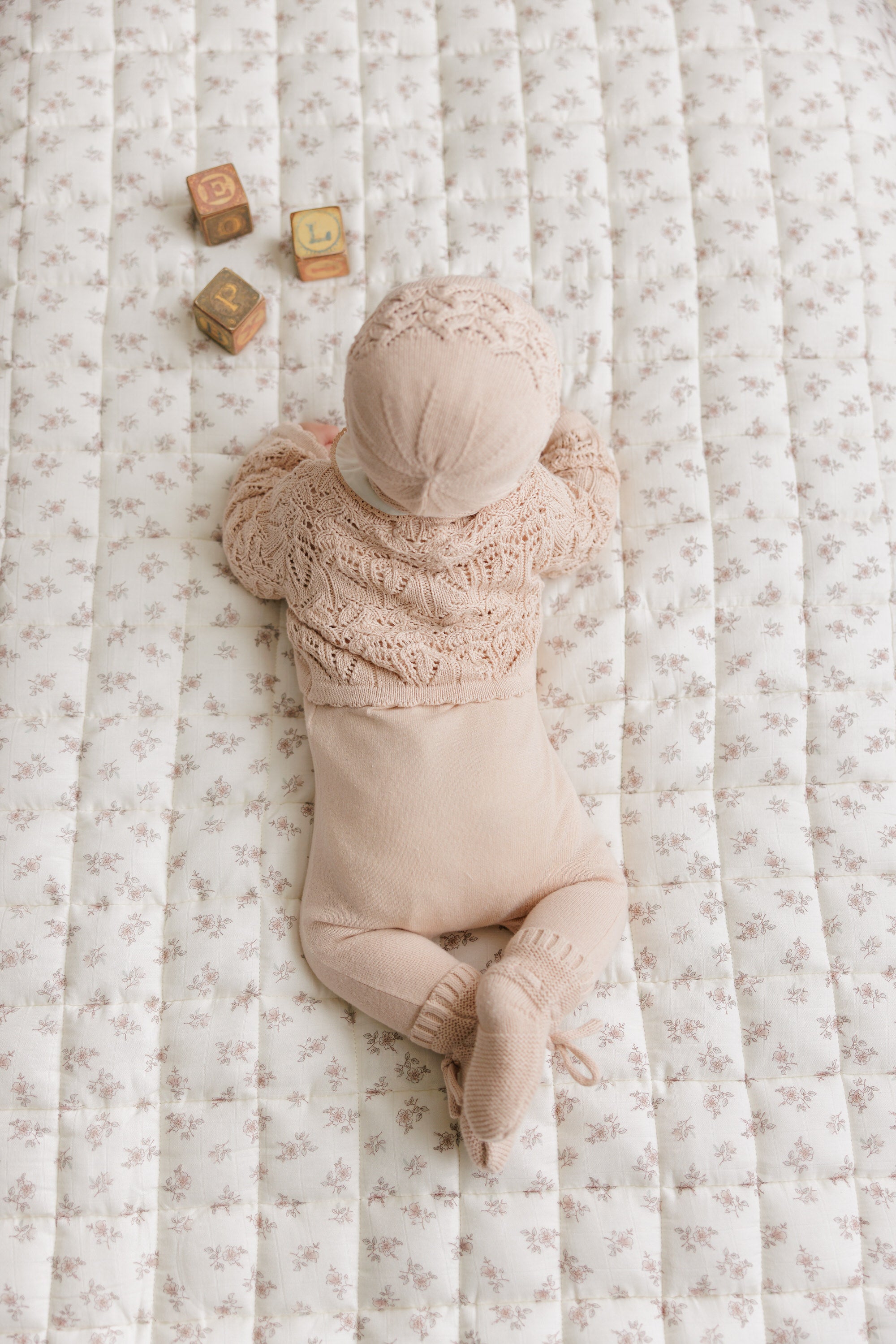 Eyelet Knit Cropped Cardigan + Bonnet Set - Rose
