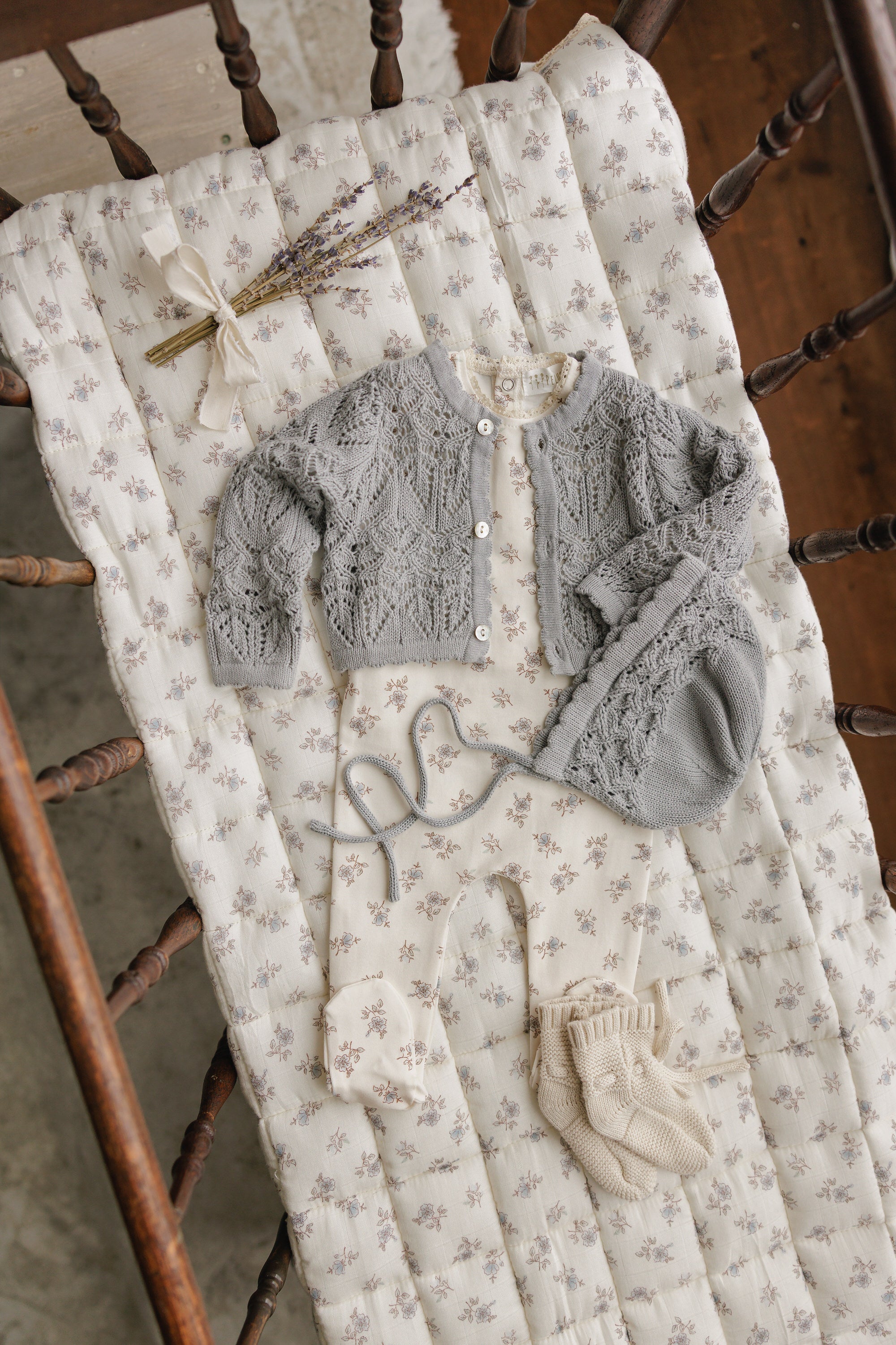 Eyelet Knit Cropped Cardigan + Bonnet Set - Powder