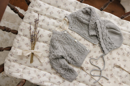 Eyelet Knit Cropped Cardigan + Bonnet Set - Powder