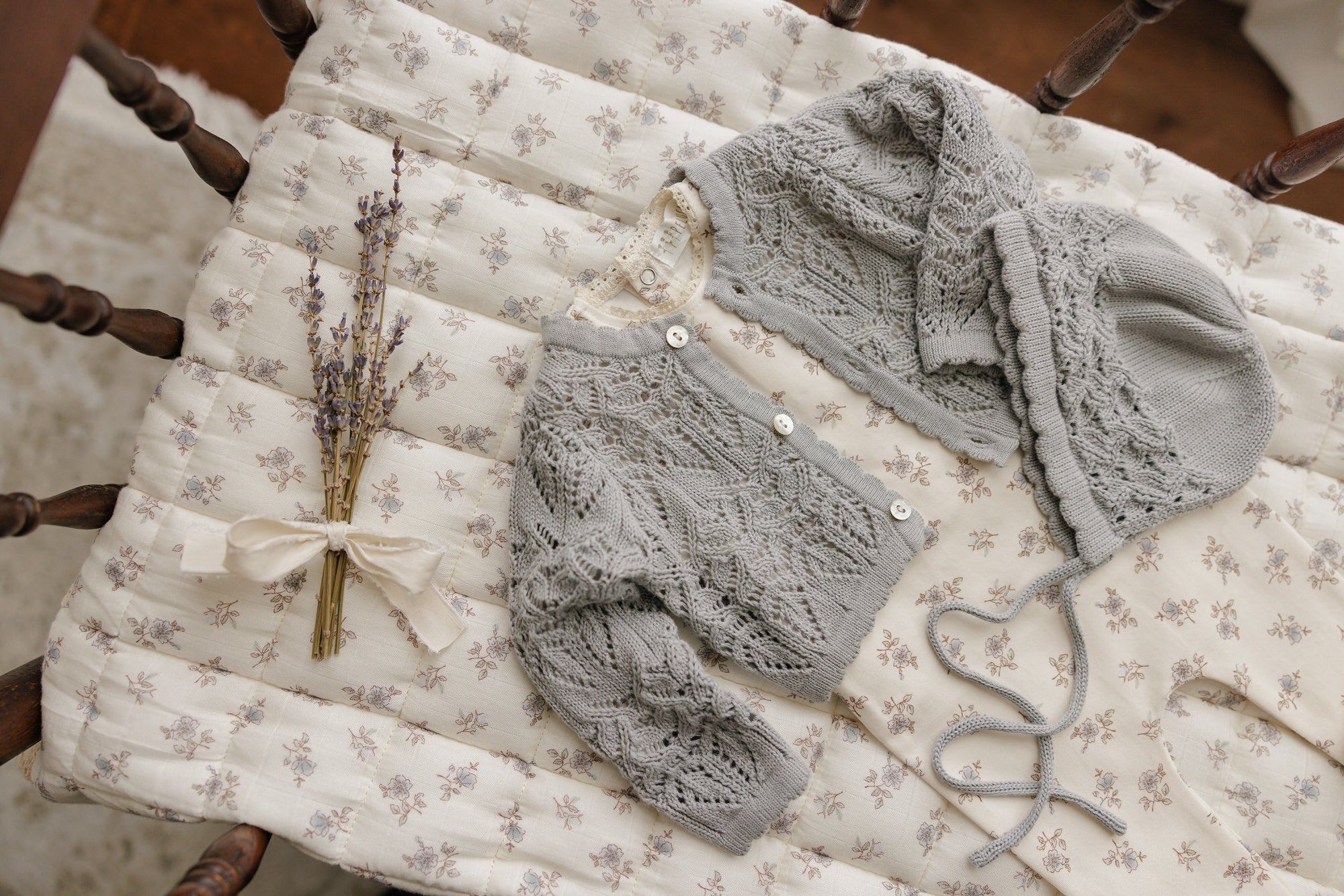 Eyelet Knit Cropped Cardigan + Bonnet Set - Powder