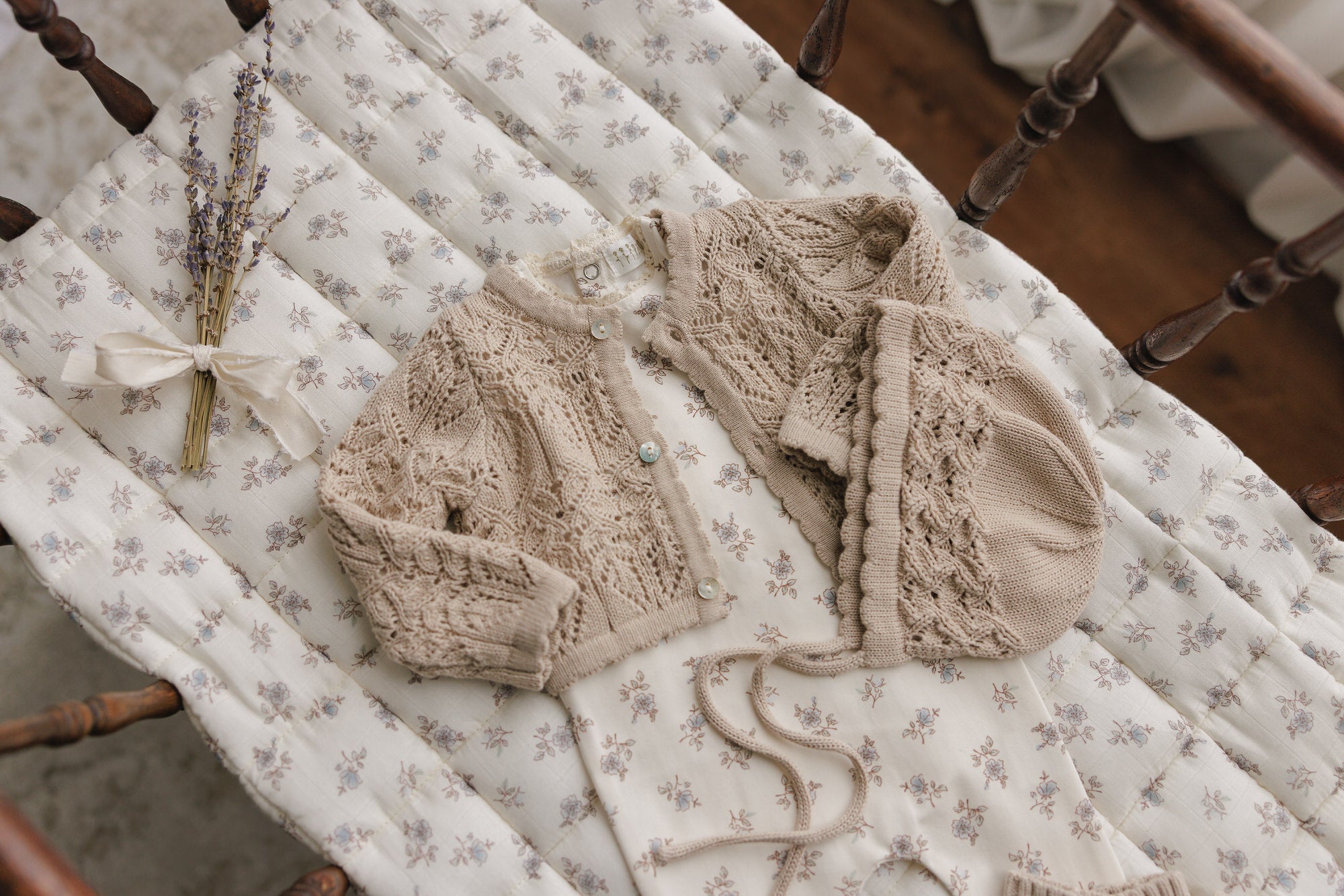Eyelet Knit Cropped Cardigan + Bonnet Set - Taupe