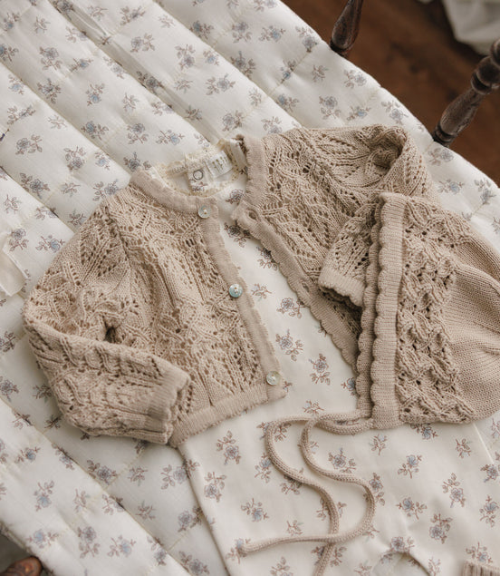 Eyelet Knit Cropped Cardigan + Bonnet Set - Taupe