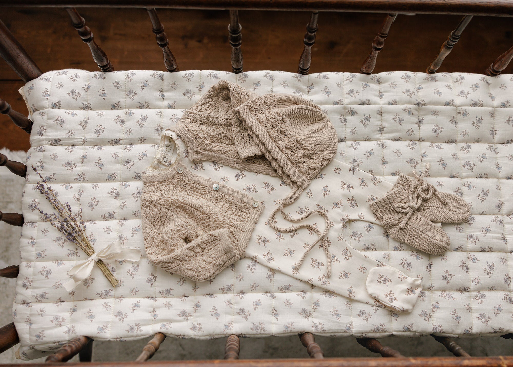 Eyelet Knit Cropped Cardigan + Bonnet Set - Taupe