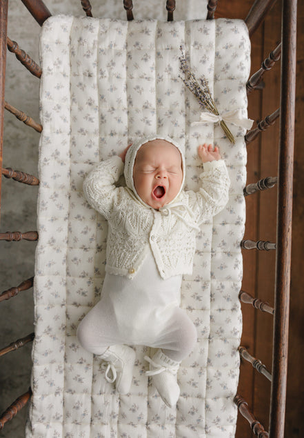 Eyelet Knit Cropped Cardigan + Bonnet Set - Cream