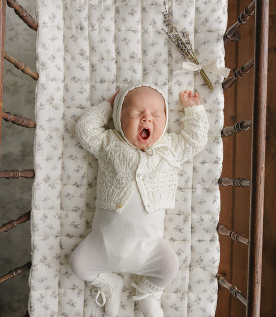 Eyelet Knit Cropped Cardigan + Bonnet Set - Cream