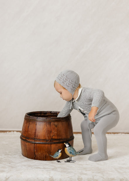 Eyelet Knit Cropped Cardigan + Bonnet Set - Powder