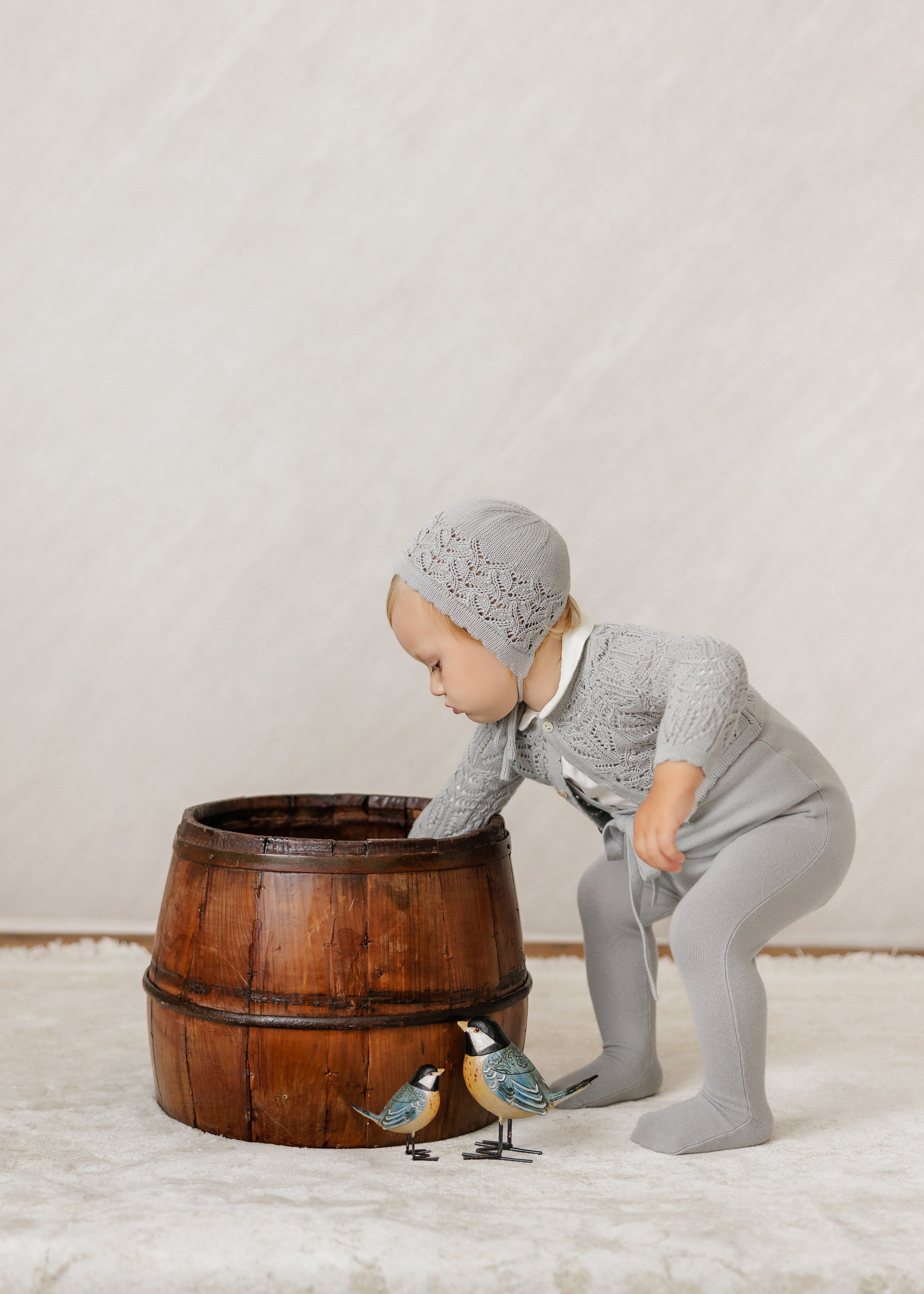 Eyelet Knit Cropped Cardigan + Bonnet Set - Powder