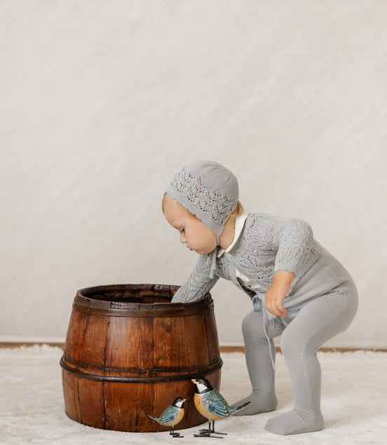Eyelet Knit Cropped Cardigan + Bonnet Set - Powder