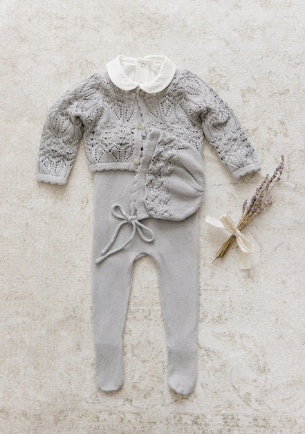 Eyelet Knit Cropped Cardigan + Bonnet Set - Powder
