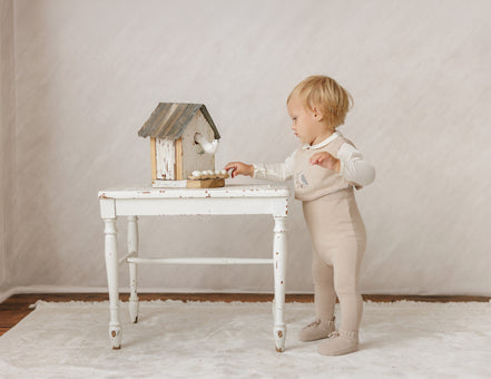 Cross Stitch Knit Overlay Bib - Taupe
