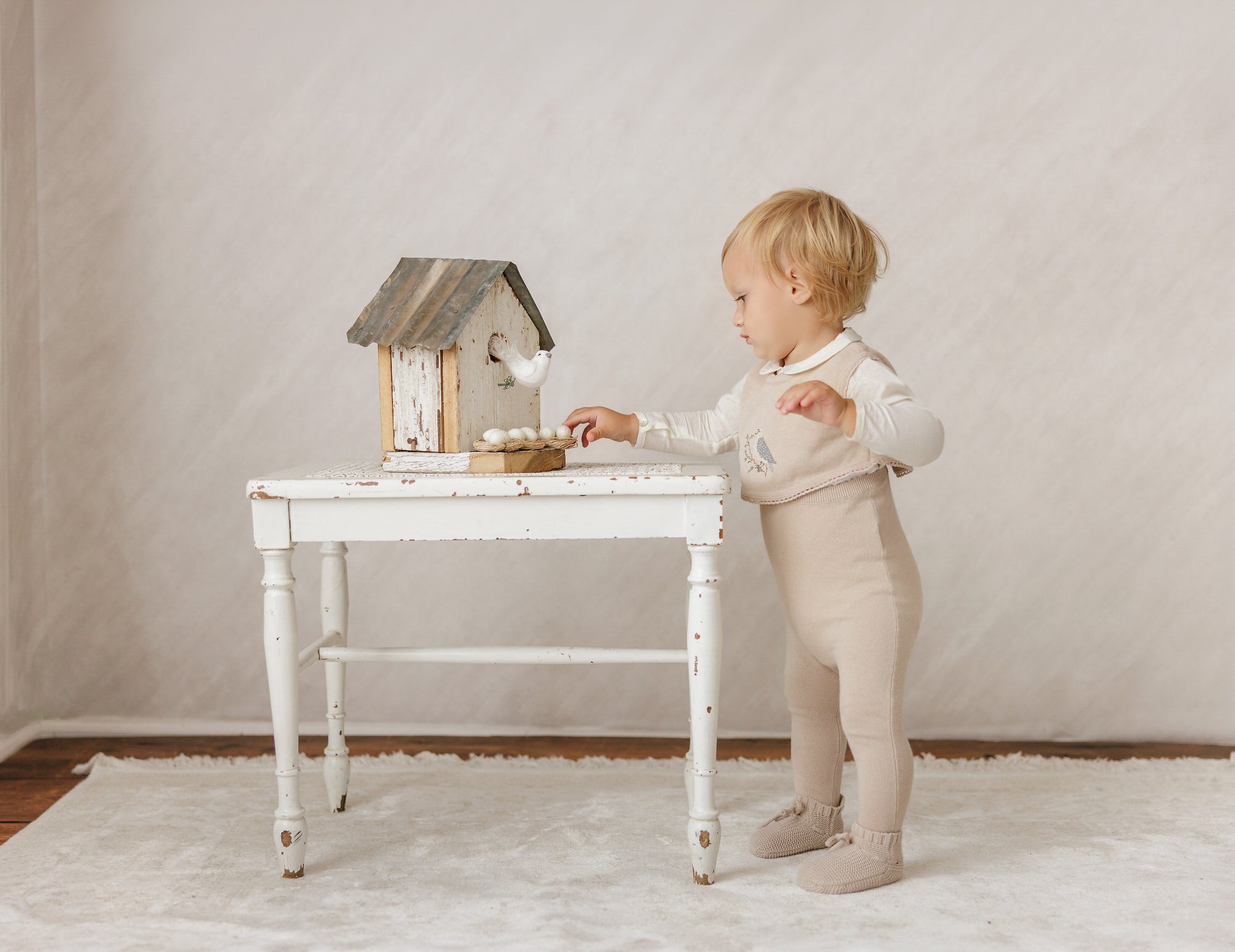 Cross Stitch Knit Overlay Bib - Taupe