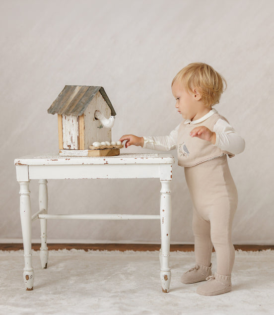 Cross Stitch Knit Overlay Bib - Taupe