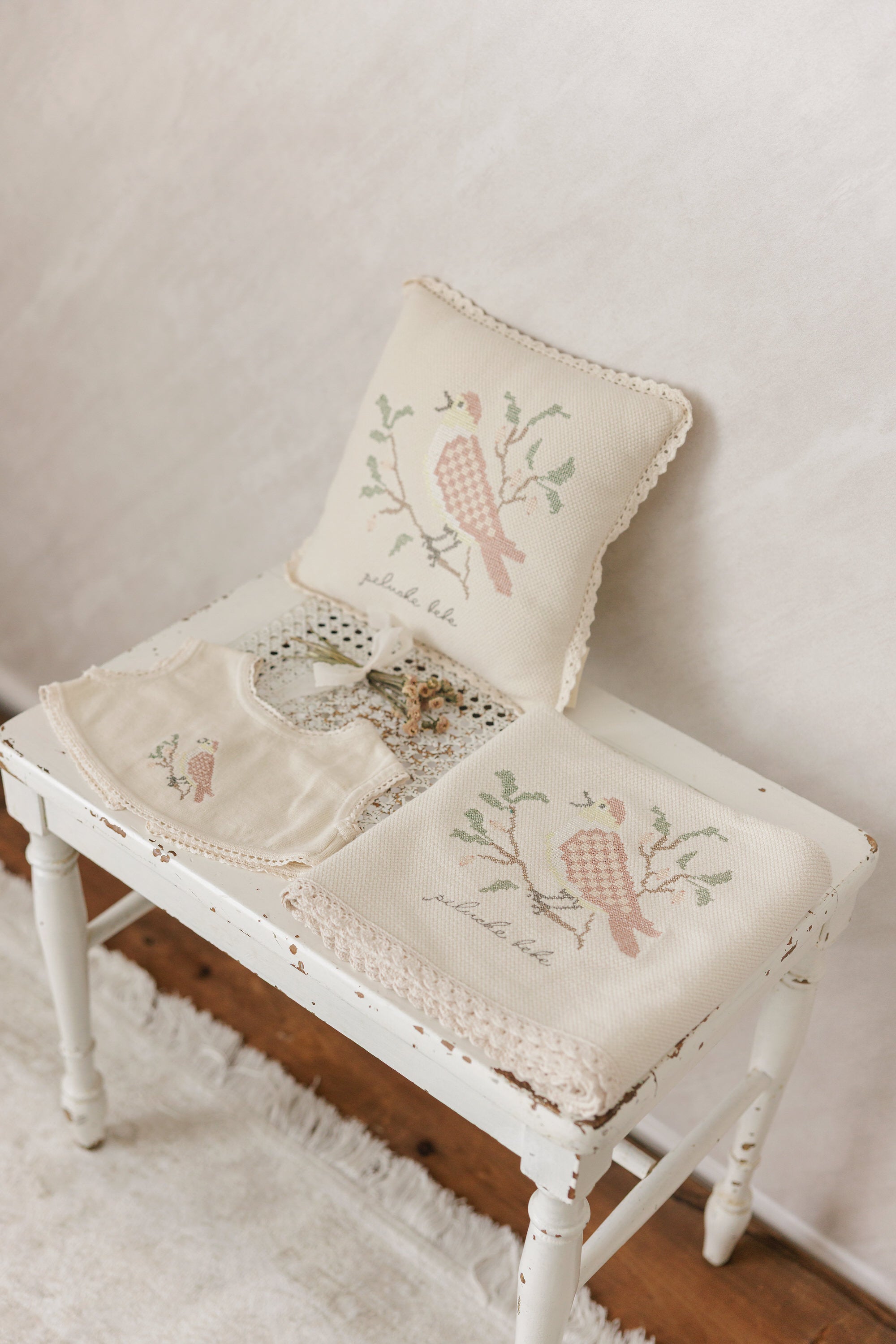 Cross Stitch Knit Pillow - Stone Rose