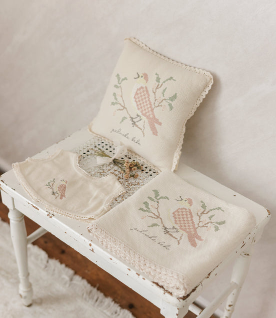 Cross Stitch Knit Overlay Bib - Stone Rose
