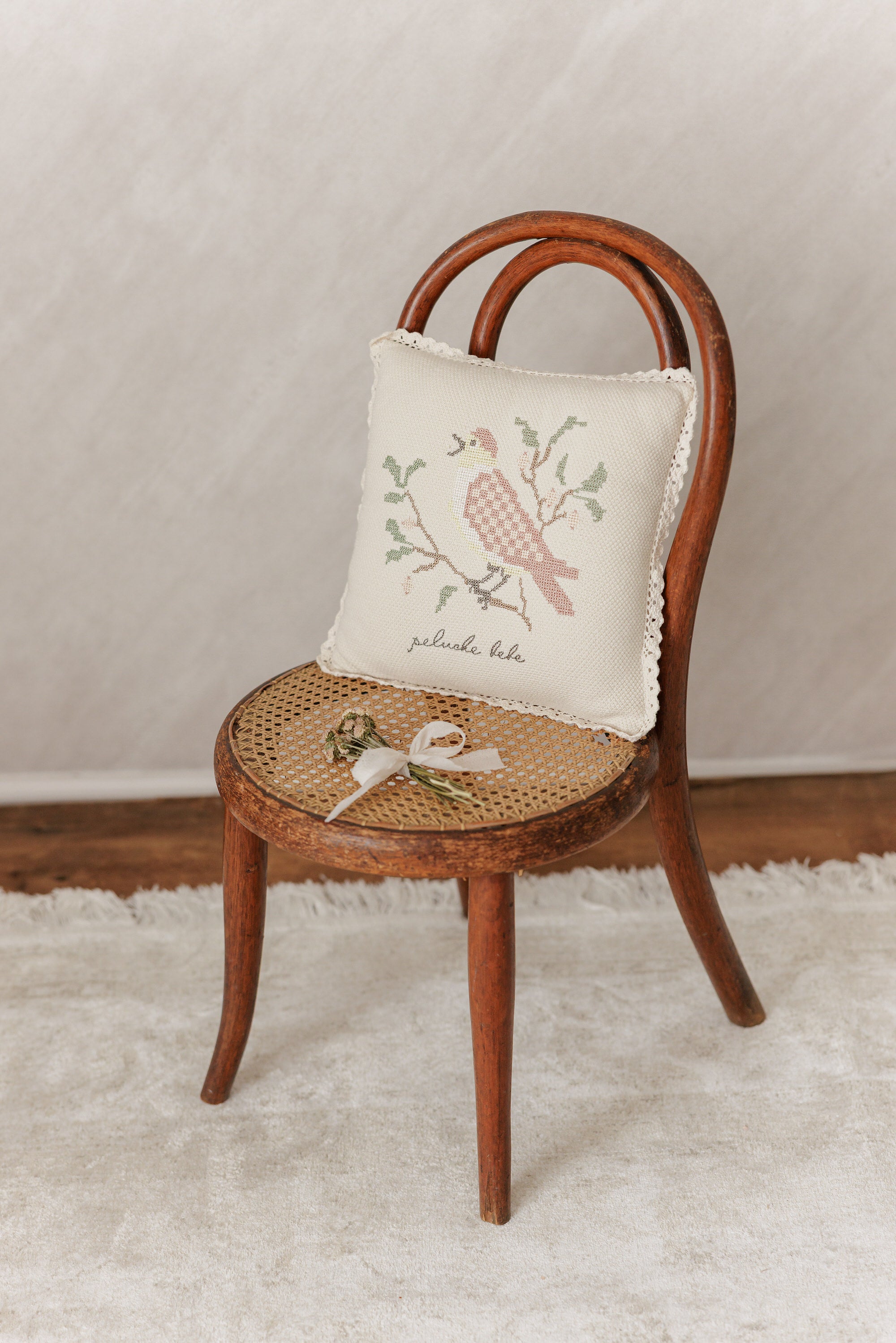 Cross Stitch Knit Pillow - Stone Rose
