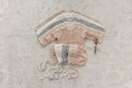 Eyelet Knit Cropped Cardigan + Bonnet Set - Rose