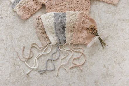 Eyelet Knit Cropped Cardigan + Bonnet Set - Rose